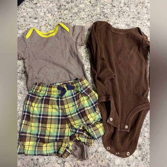 Carters 3 piece set neon green brown shorts top Onsie boys 12 month - Picture 1 of 9